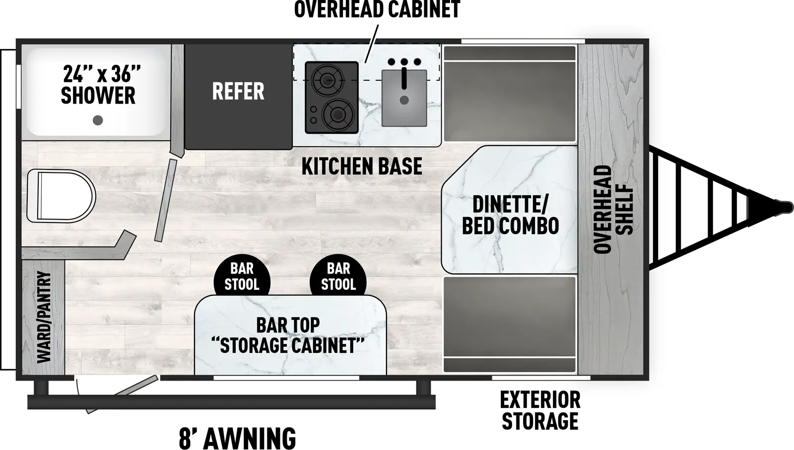 The Clipper Travel Trailers 14R floorplan has one entry and zero slide outs. Exterior features include: metal exterior and 8' awning. 